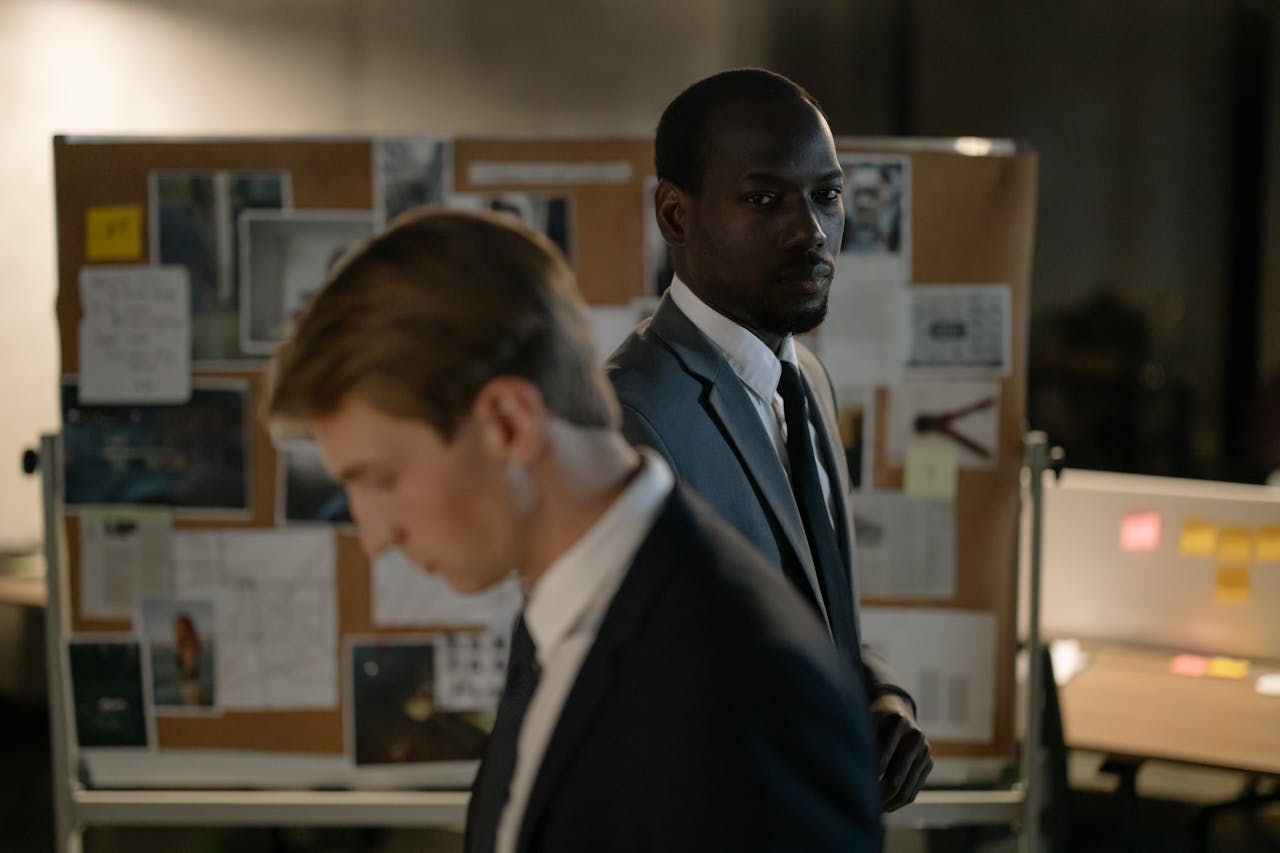 Two detectives examining a corkboard filled with evidence in a dimly lit office.